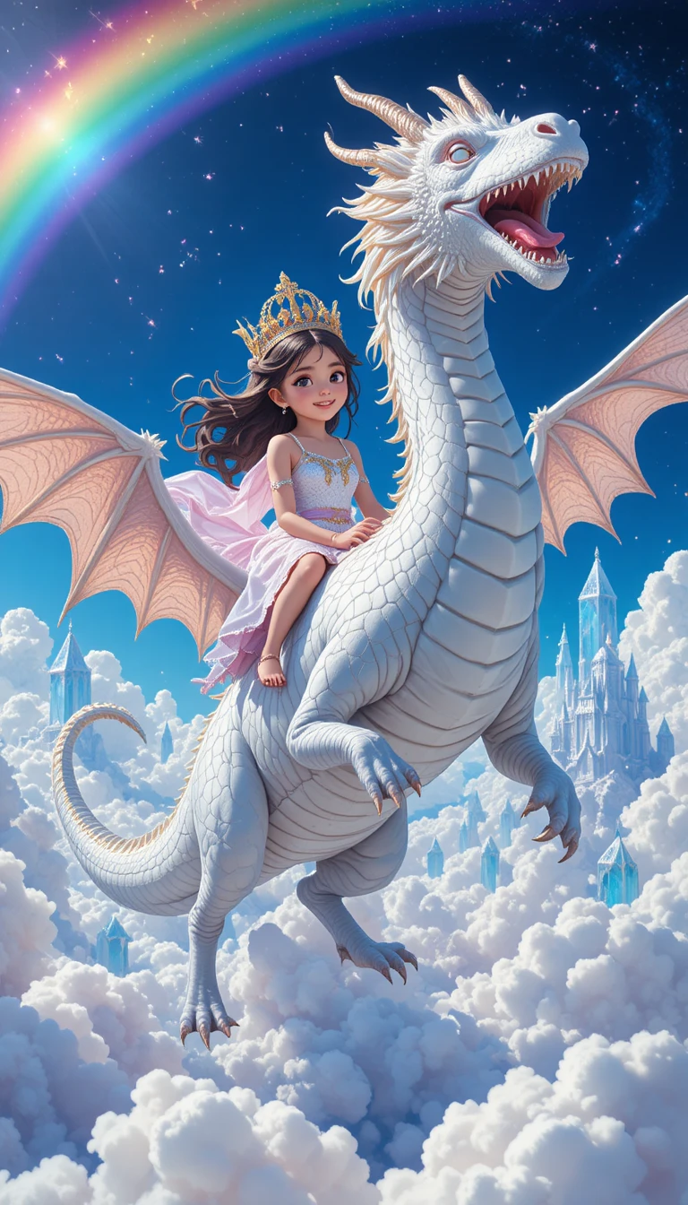 Young princess riding a white dragon above crystal kingdom