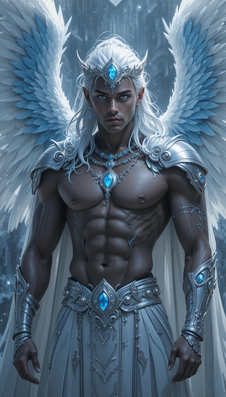 Dark skinned anime valkyrie man with white wings