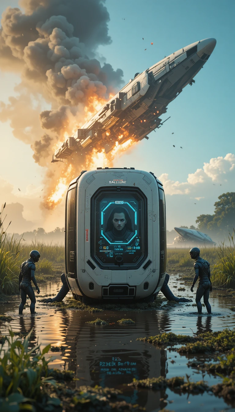 Futuristic escape pod standing upright in a sunlit swamp