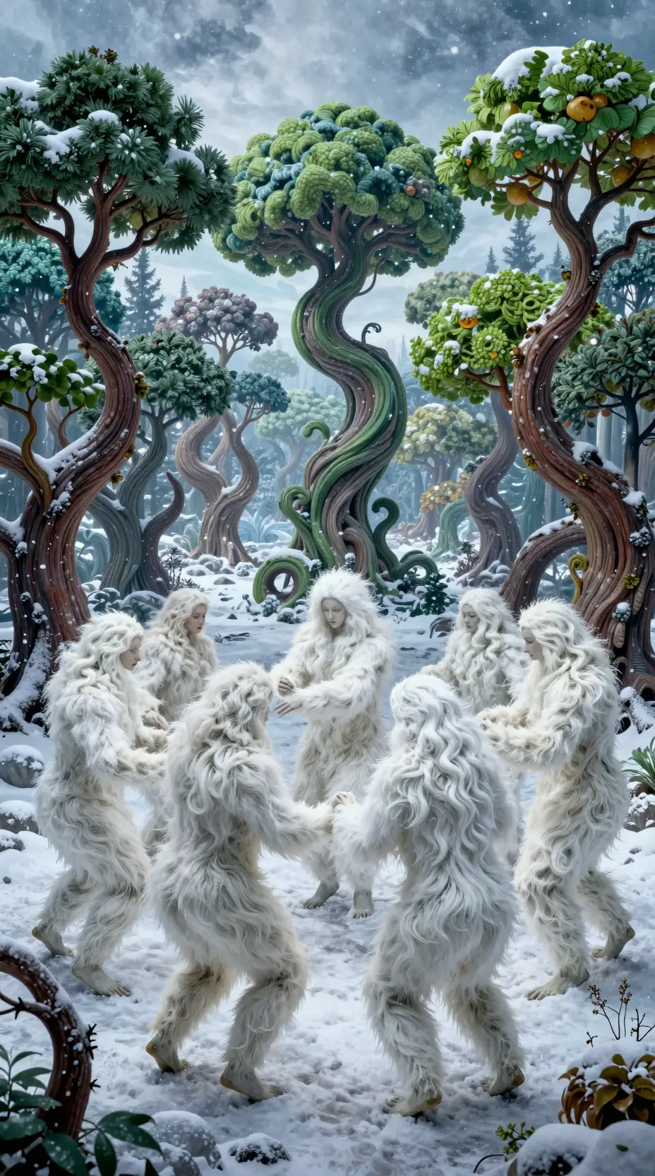 Fellbedeckte Gestalten tanzen in einem surrealen Winterwald