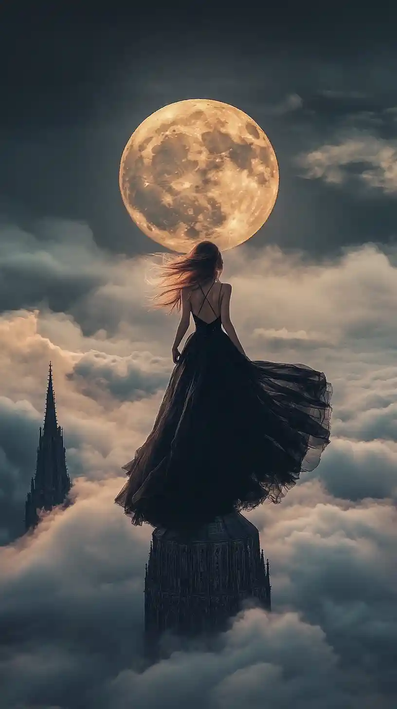 Frau auf schwebendem Kathedralendach vor einem riesigen Mond