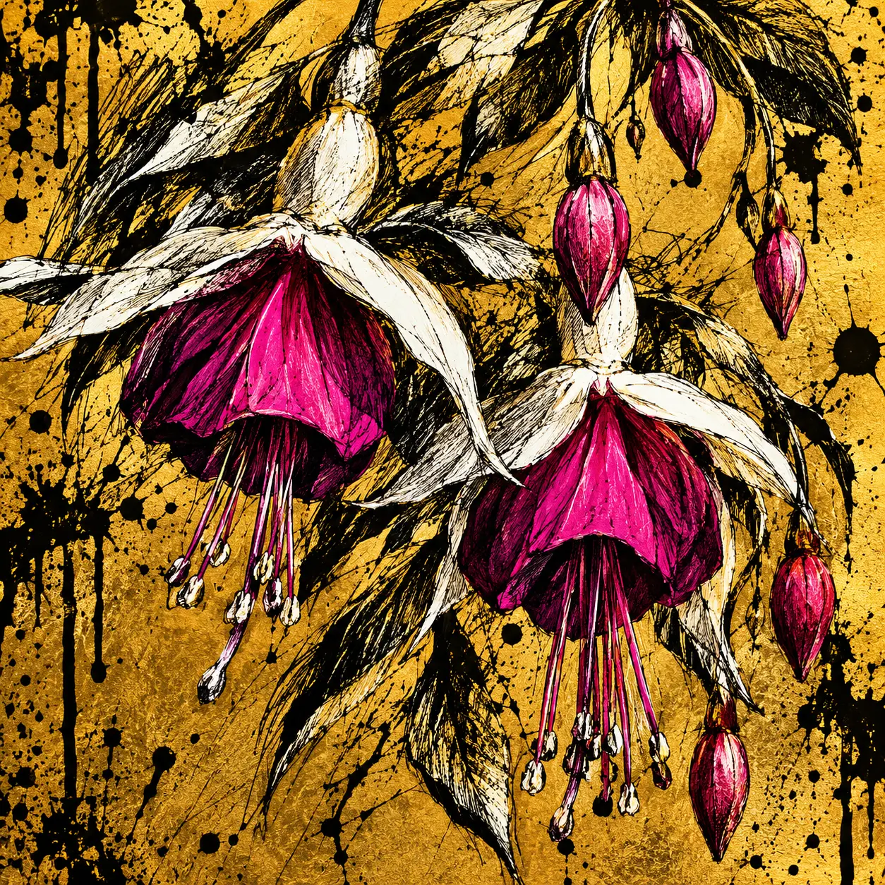Expressive ink mural of fuchsia flowers on golden background