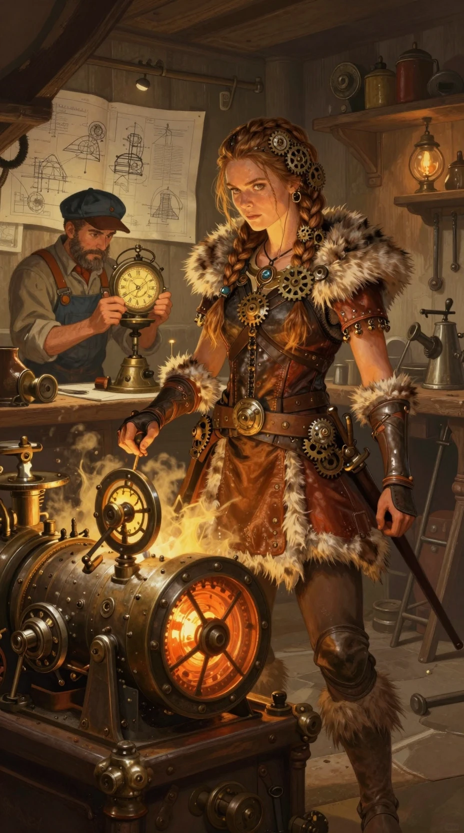 Nordic warrior woman beside a roaring steampunk engine