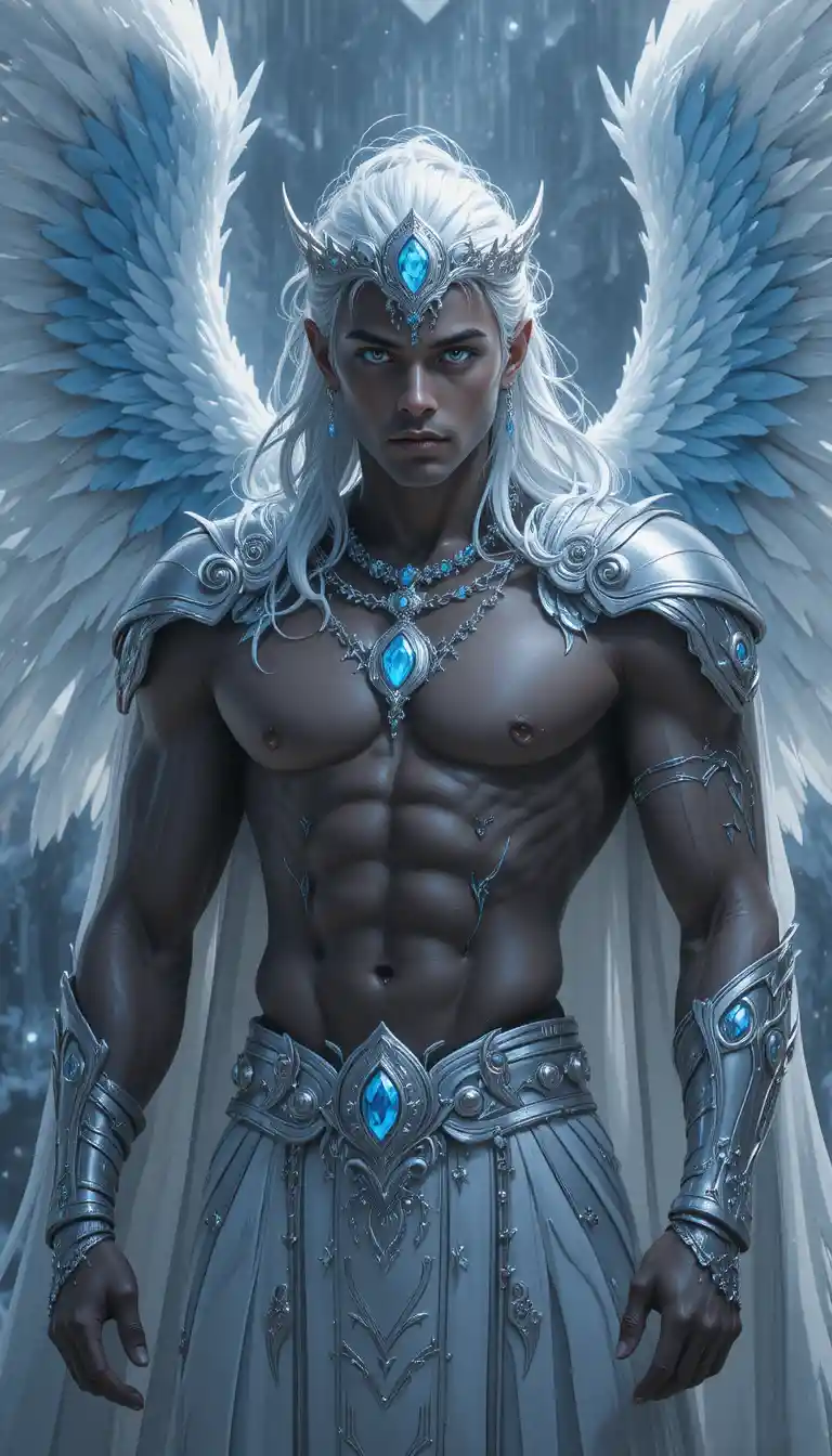 Dark skinned anime valkyrie man with white wings