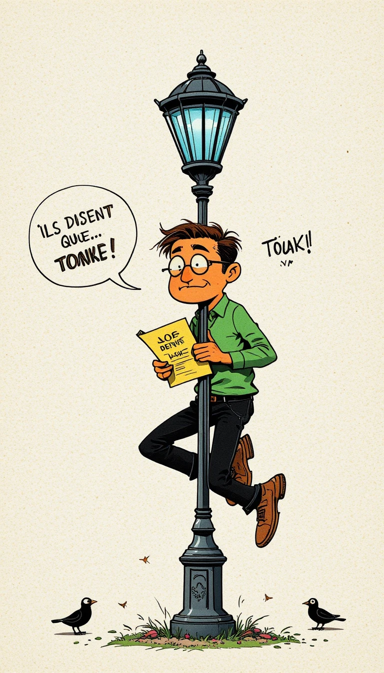 Cartoon man clinging to streetlamp with French speech bubble