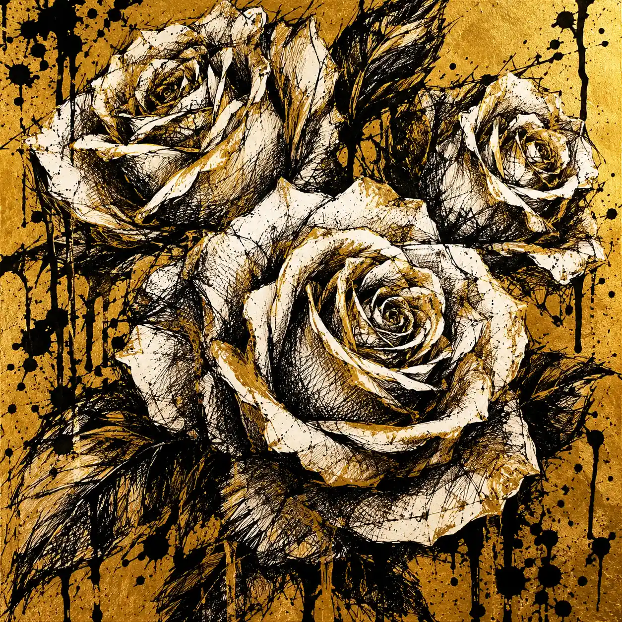 Expressive ink drawing of roses on golden abstract background