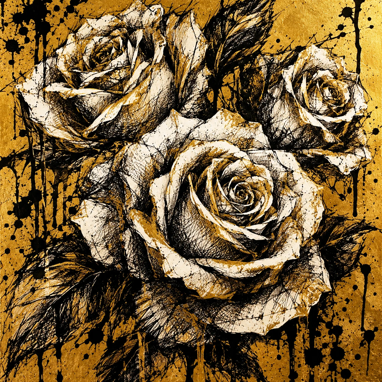 Expressive ink drawing of roses on golden abstract background