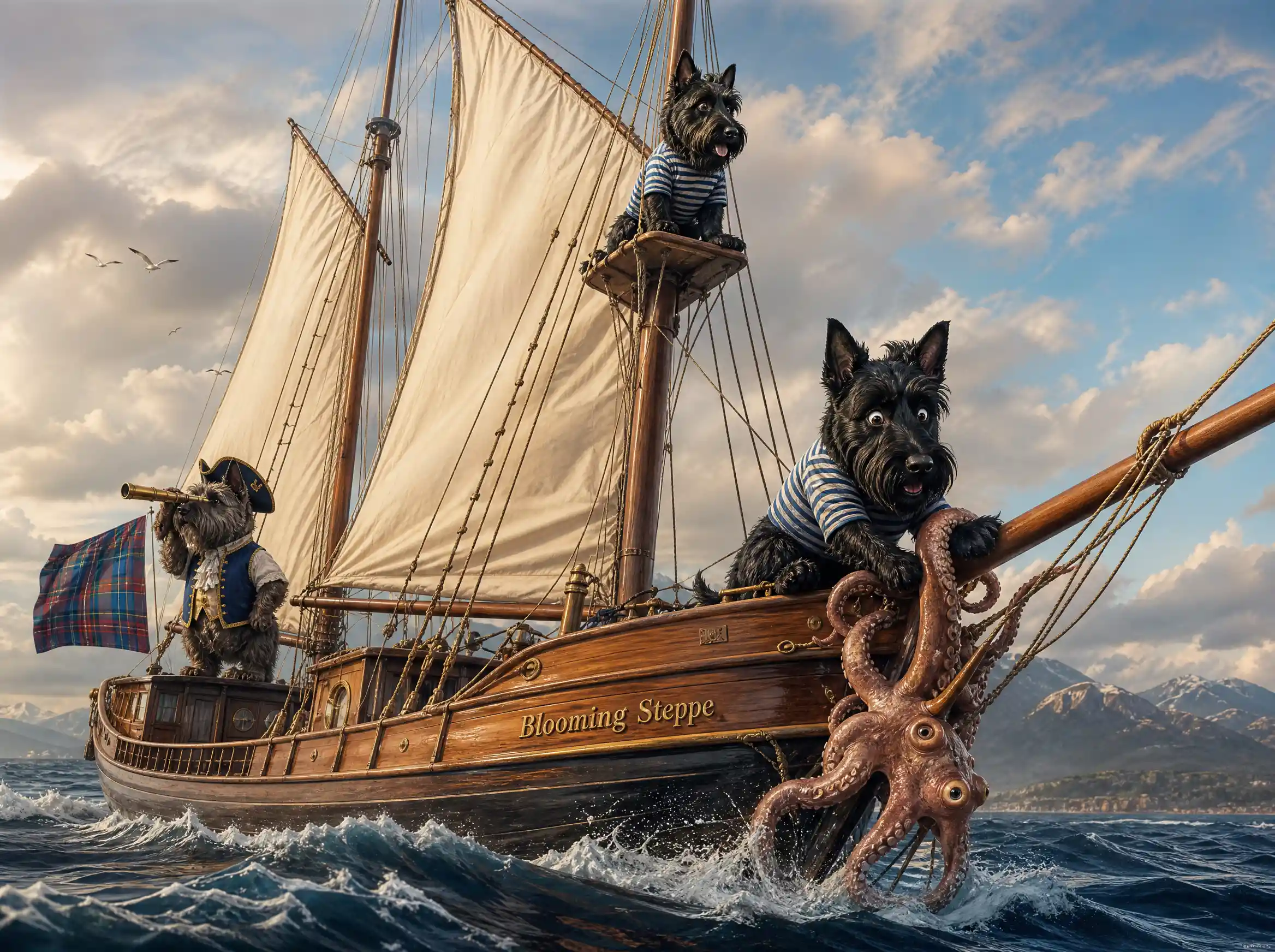 Anthropomorphic Terrier Sailing On A Wooden Ship