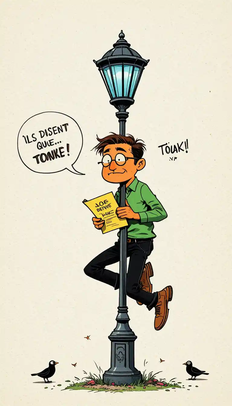 Cartoon man clinging to streetlamp with French speech bubble