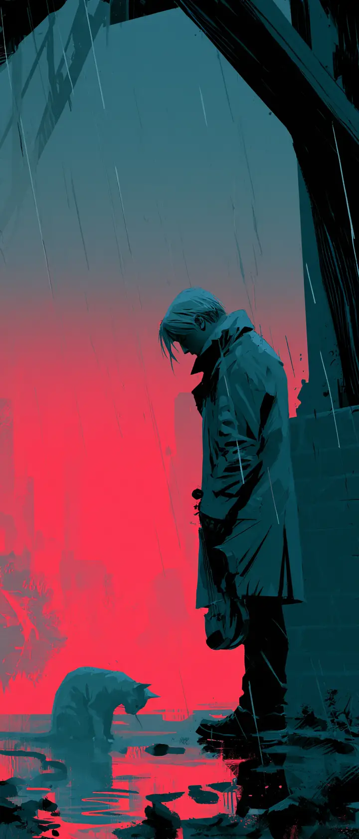 Melancholic musician with violin under a rainy city bridge