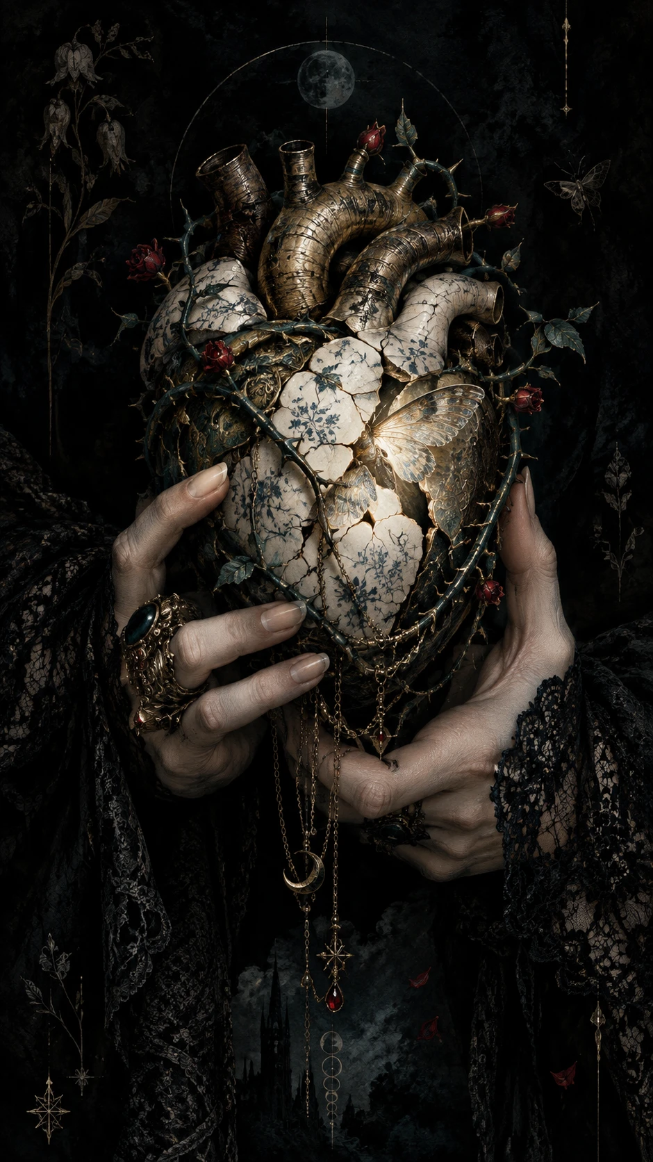 Hands Cradling A Porcelain Heart With Chains And Moth