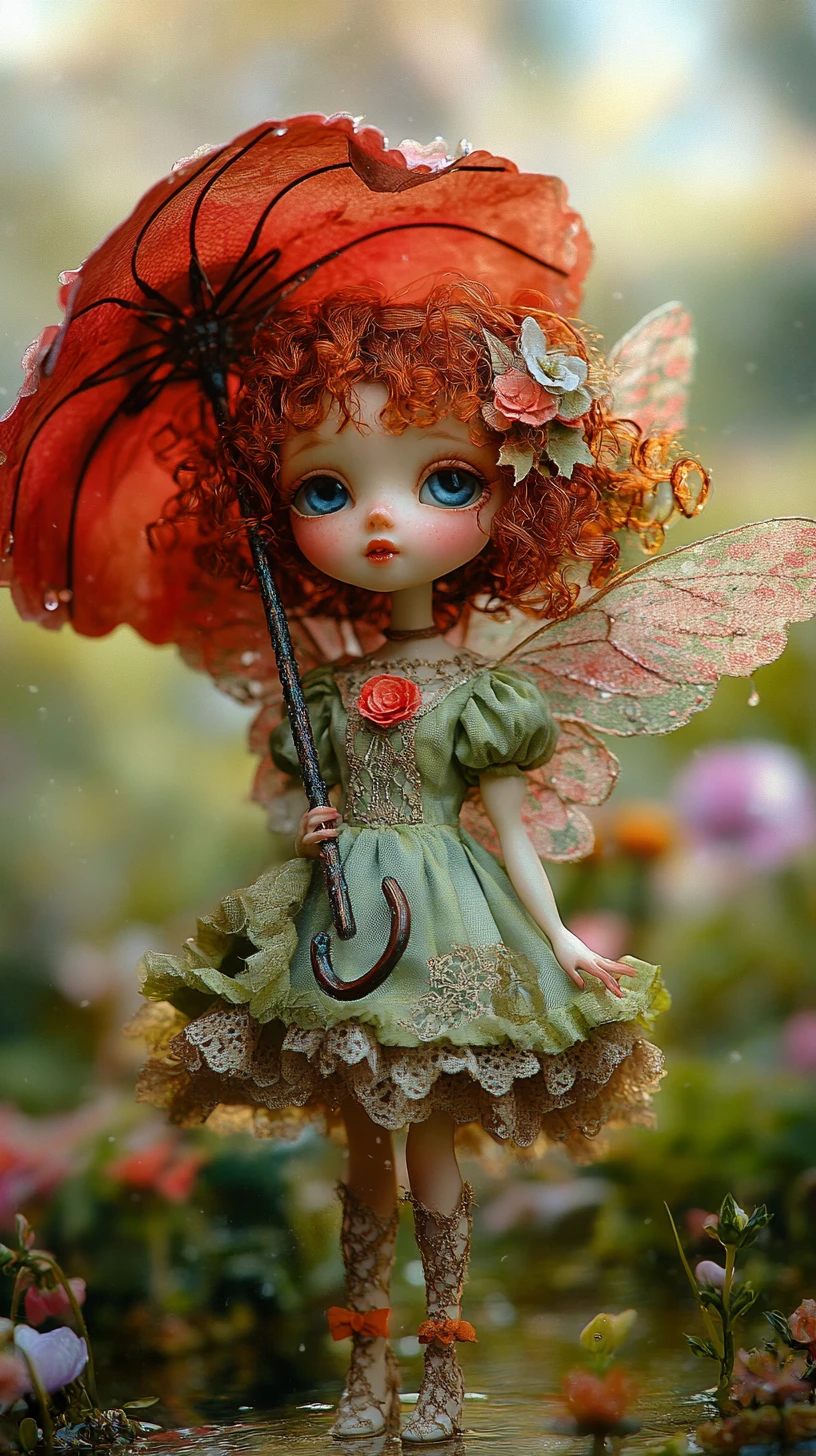 Whimsical winged girl with poppy umbrella in flower meadow