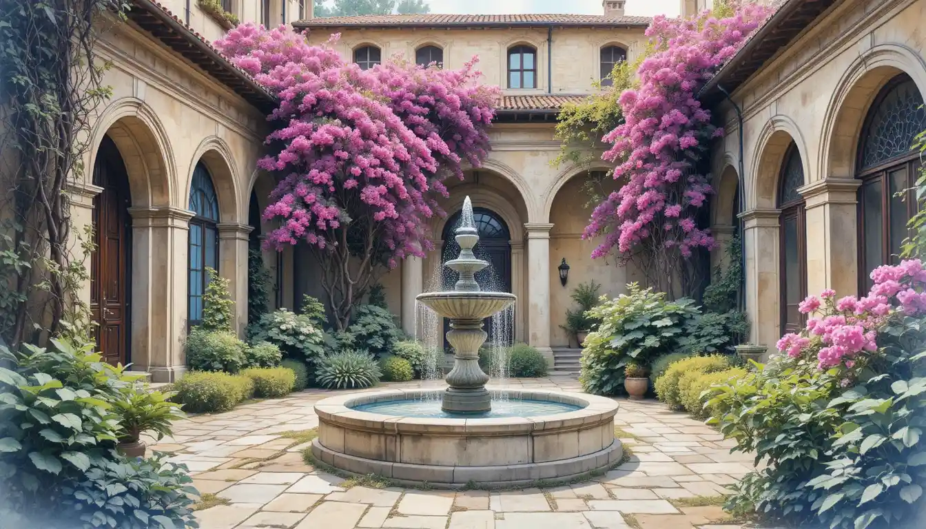 Watercolor courtyard with marble fountain and bougainvillea
