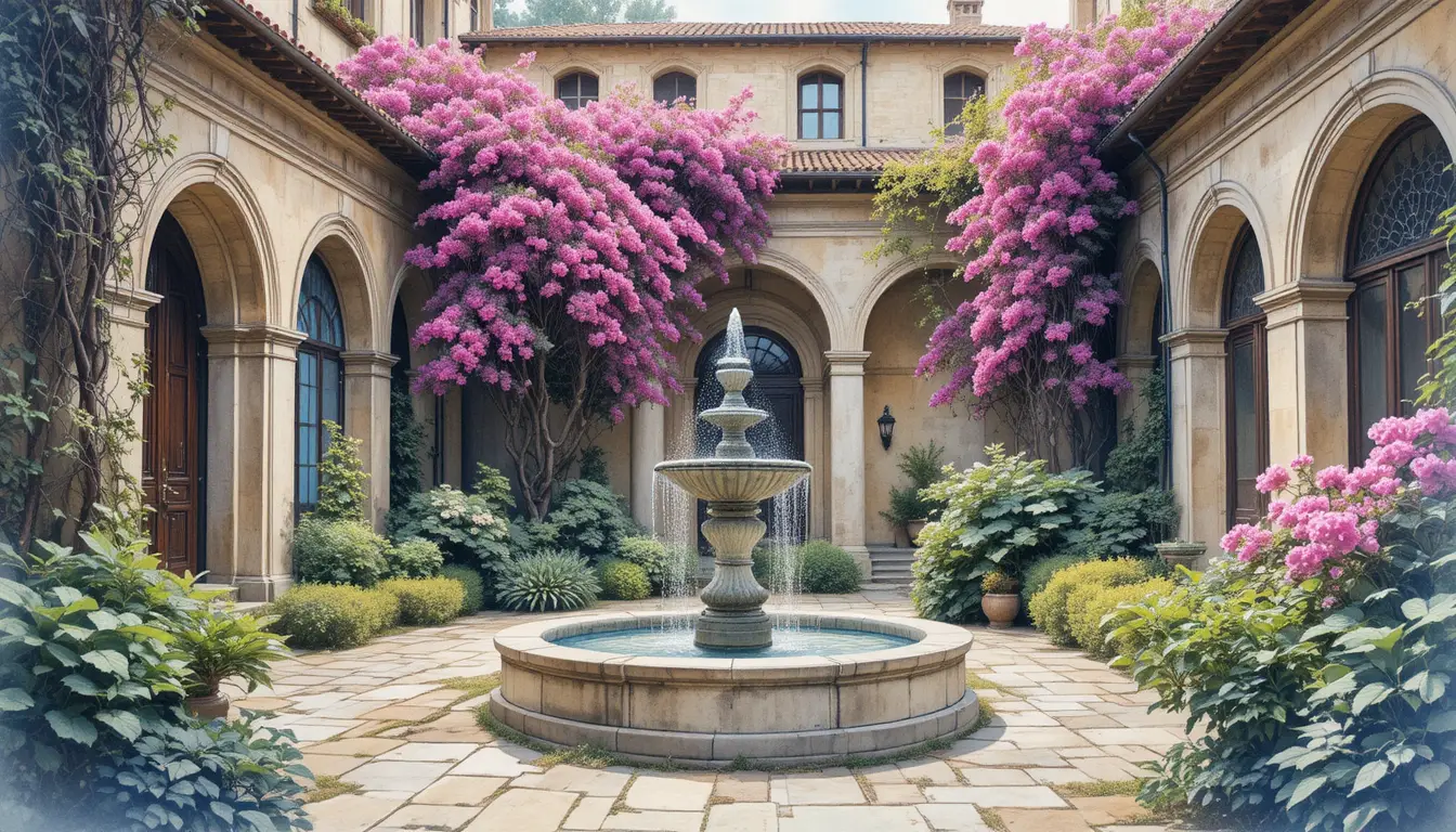 Watercolor courtyard with marble fountain and bougainvillea