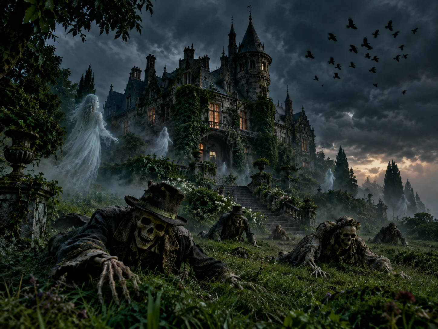 Ancient haunted mansion on a misty hill with ghosts