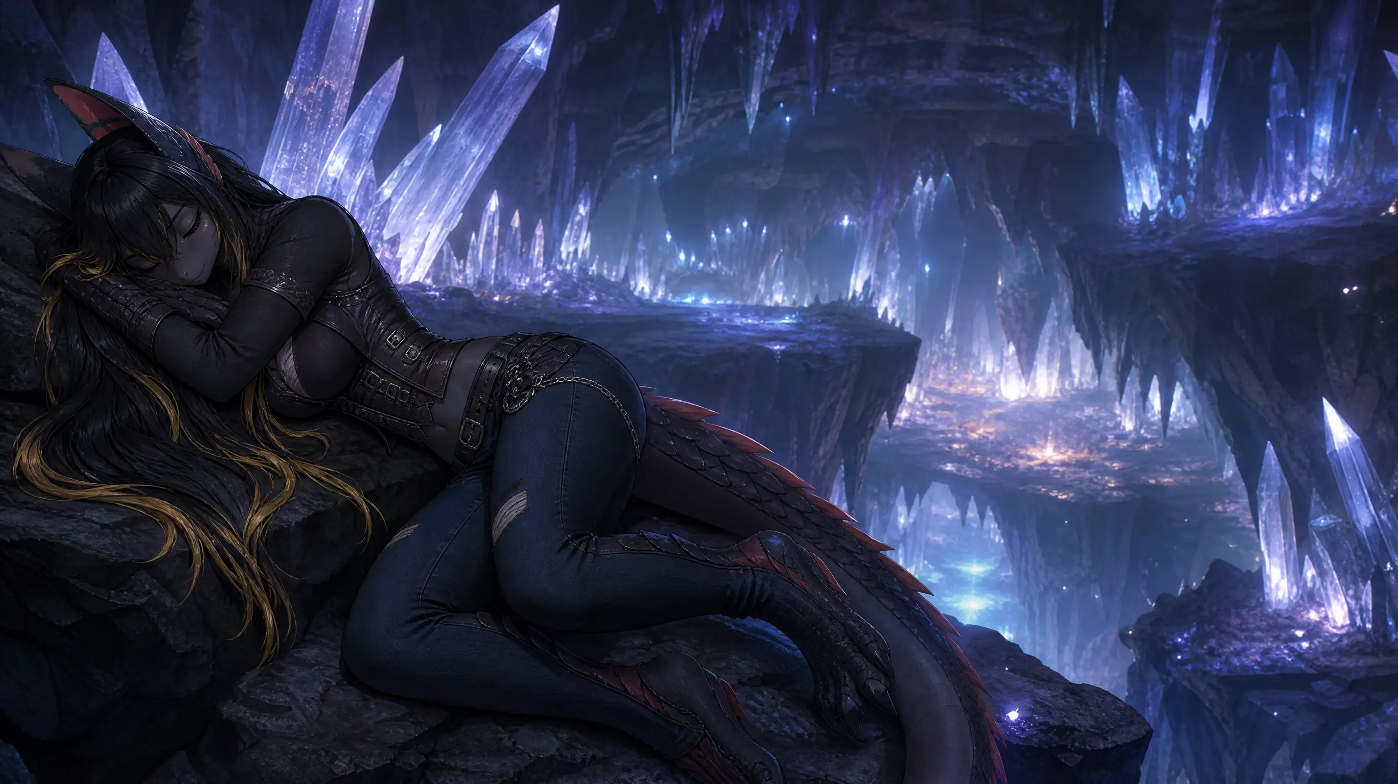 Anthro dragon woman sleeping by the edge in crystal cave