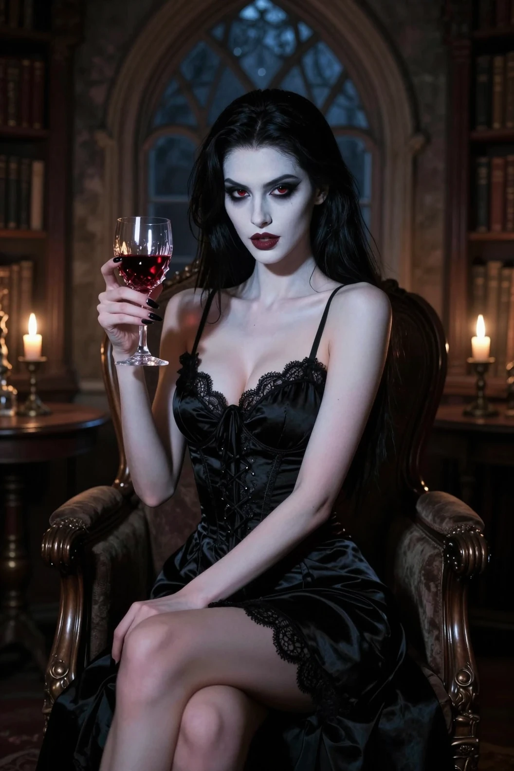 Vampire woman in gothic armchair with red wine