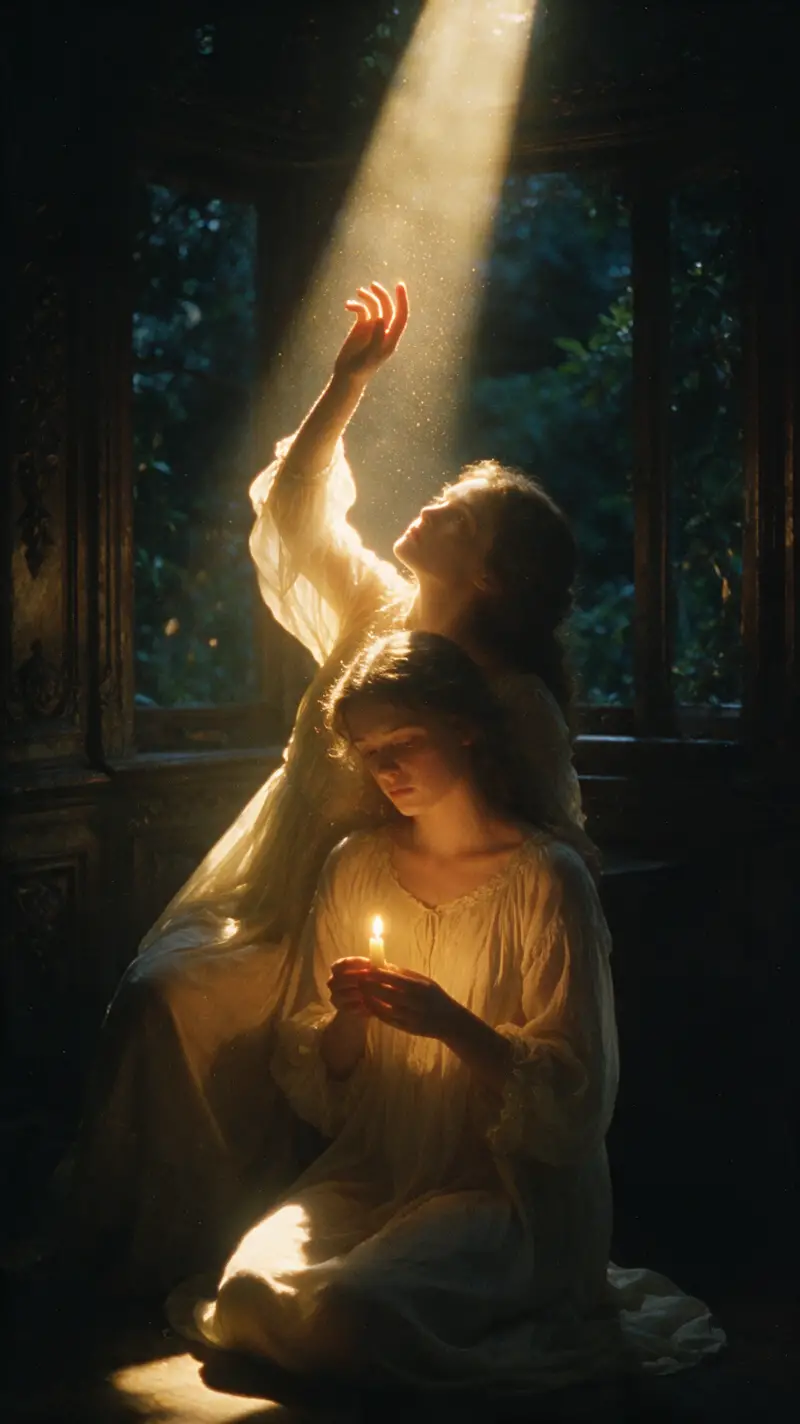 Two young women in candlelit gothic interior portrait