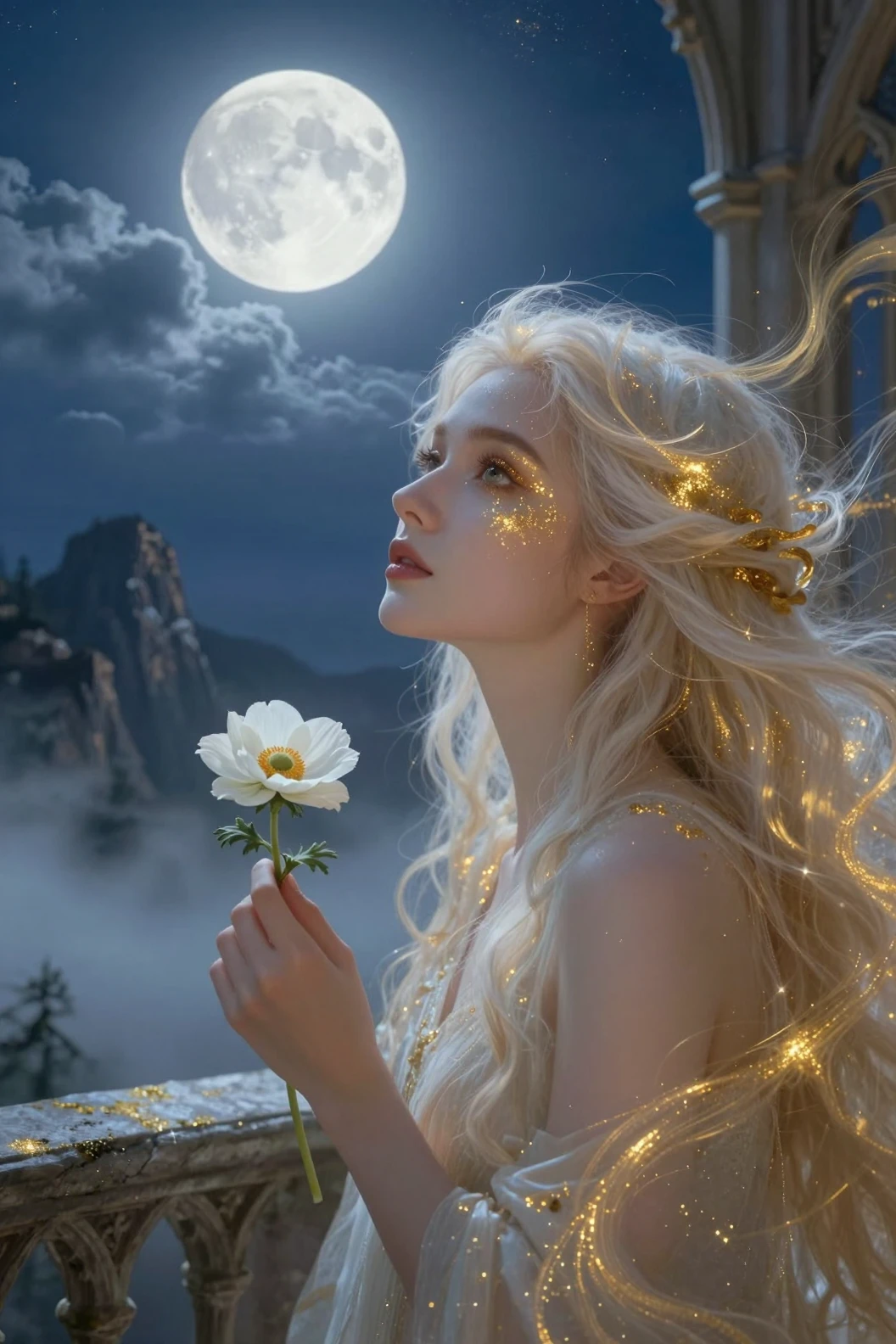 Enchanted Woman With White Flower Under Luminous Moon