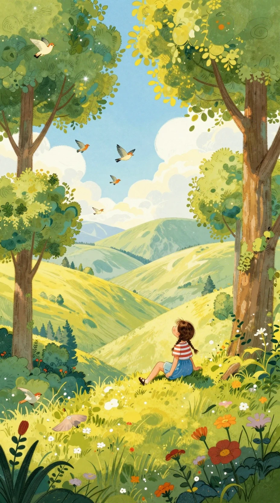Young girl on a spring hill watching birds in flight