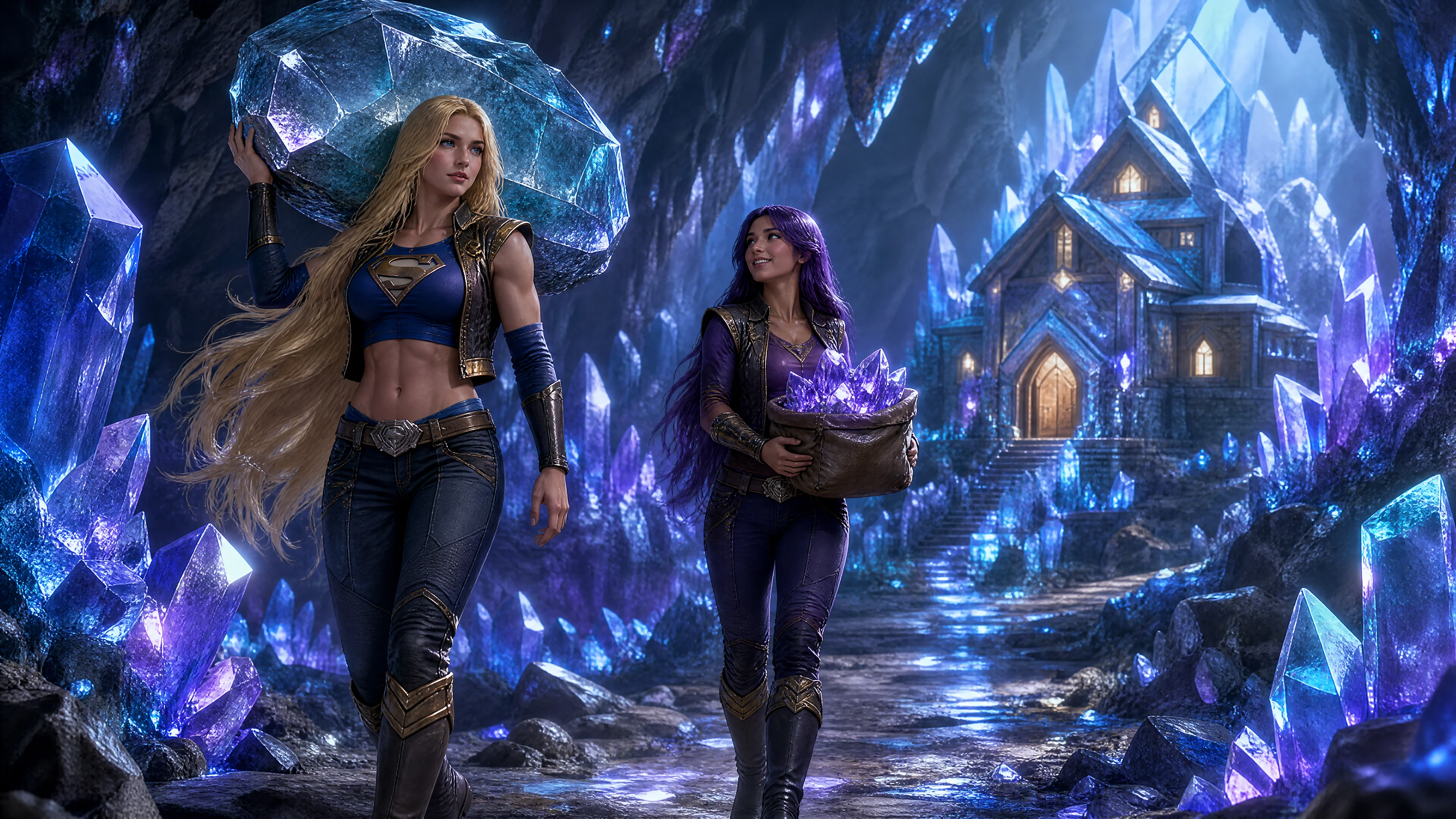 Two warrior women carrying crystals in a vast cavern