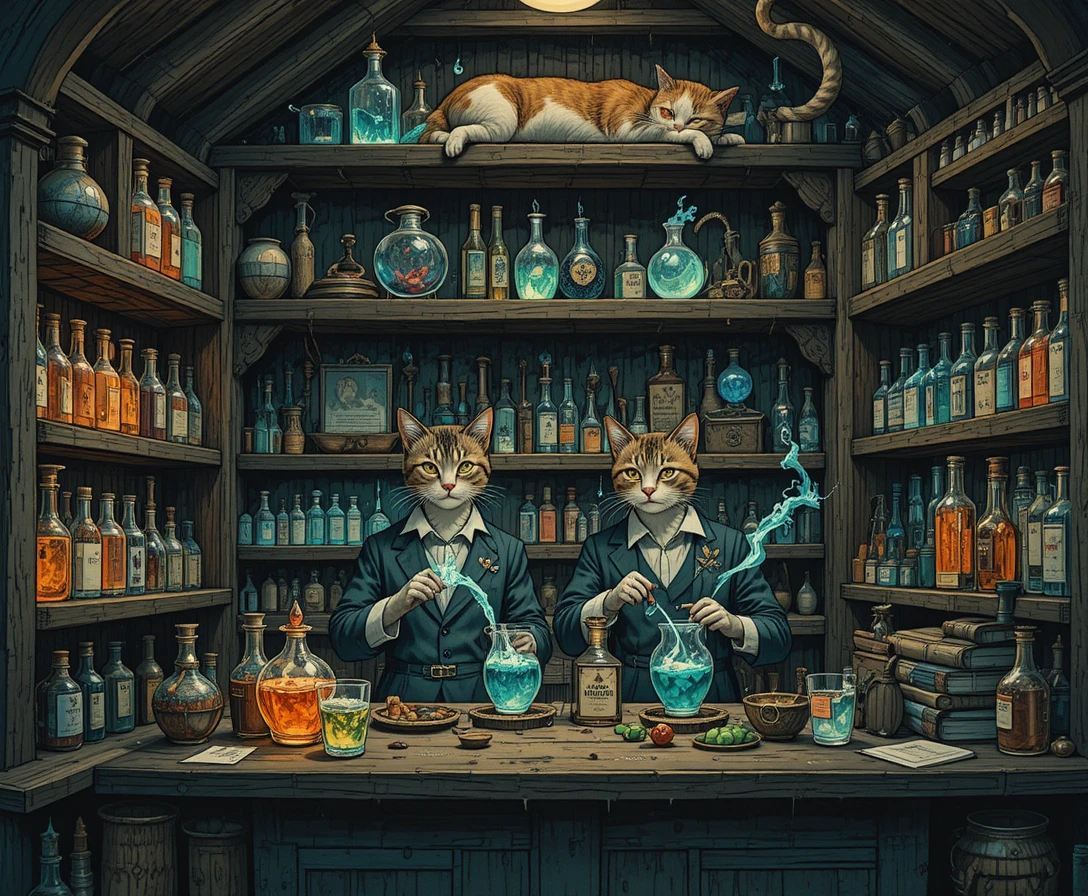 Chats anthropomorphes mélangeant des potions dans une boutique vintage