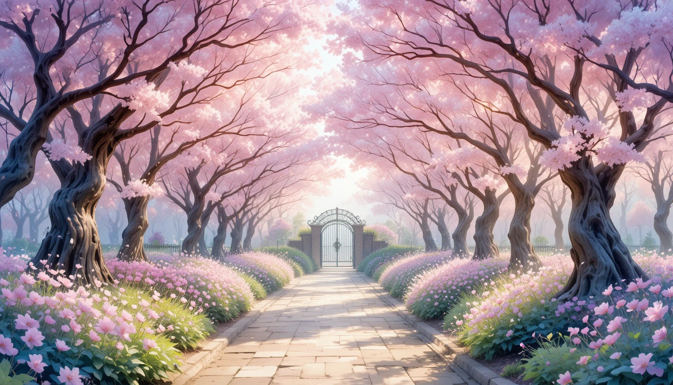 Watercolor cherry blossom tunnel garden at dawn