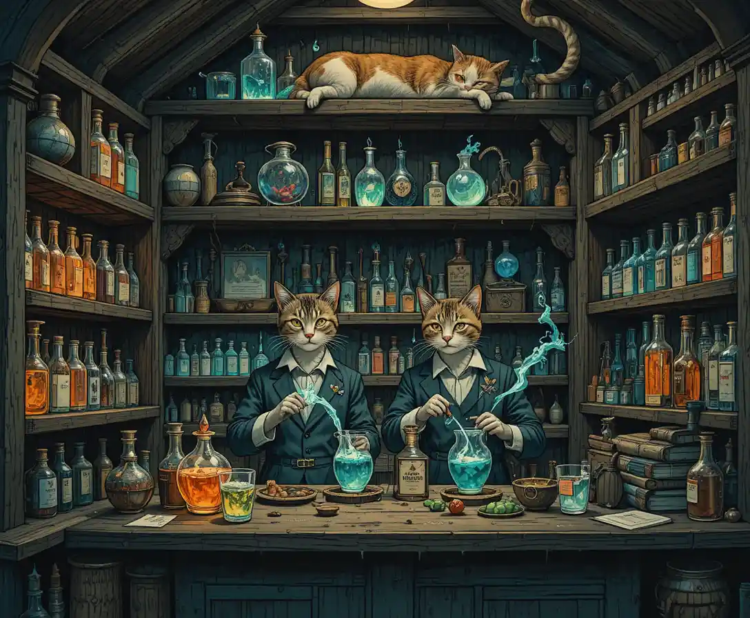 Anthropomorphe Katzen, die Tränke in einem Vintage-Laden mixen