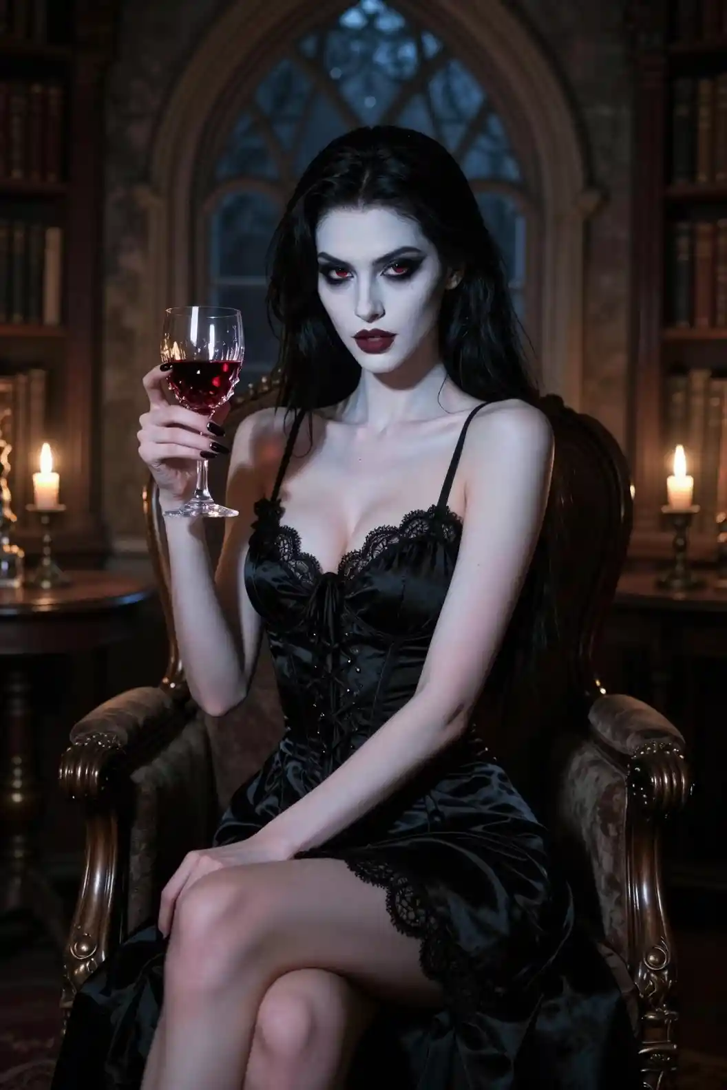 Vampire woman in gothic armchair with red wine