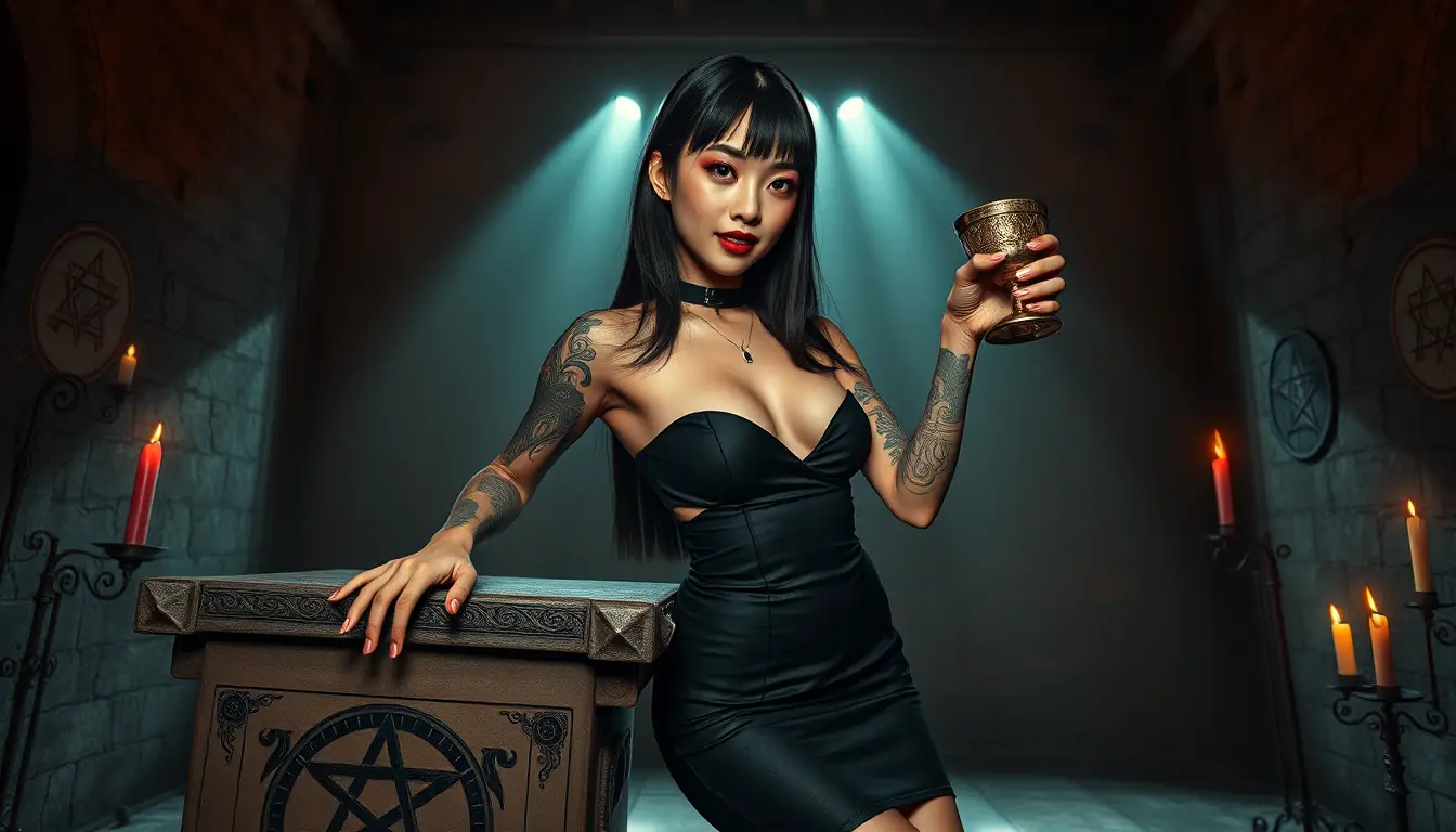 Gothic student with chalice in abandoned ritual bar