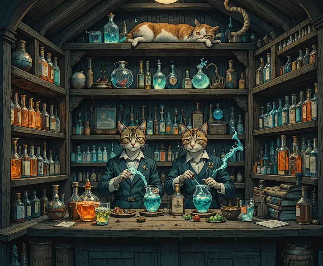Anthropomorphe Katzen, die Tränke in einem Vintage-Laden mixen