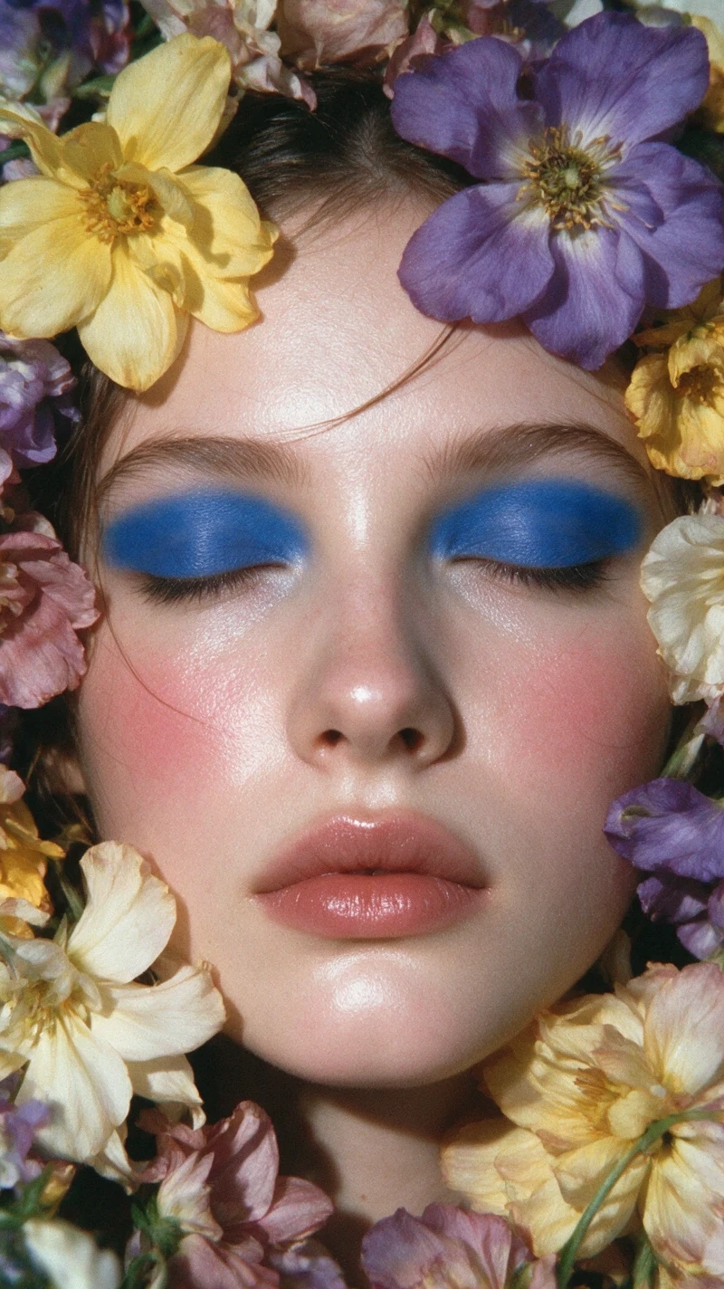 Retrato de belleza Y2K de una mujer enmarcada por flores coloridas