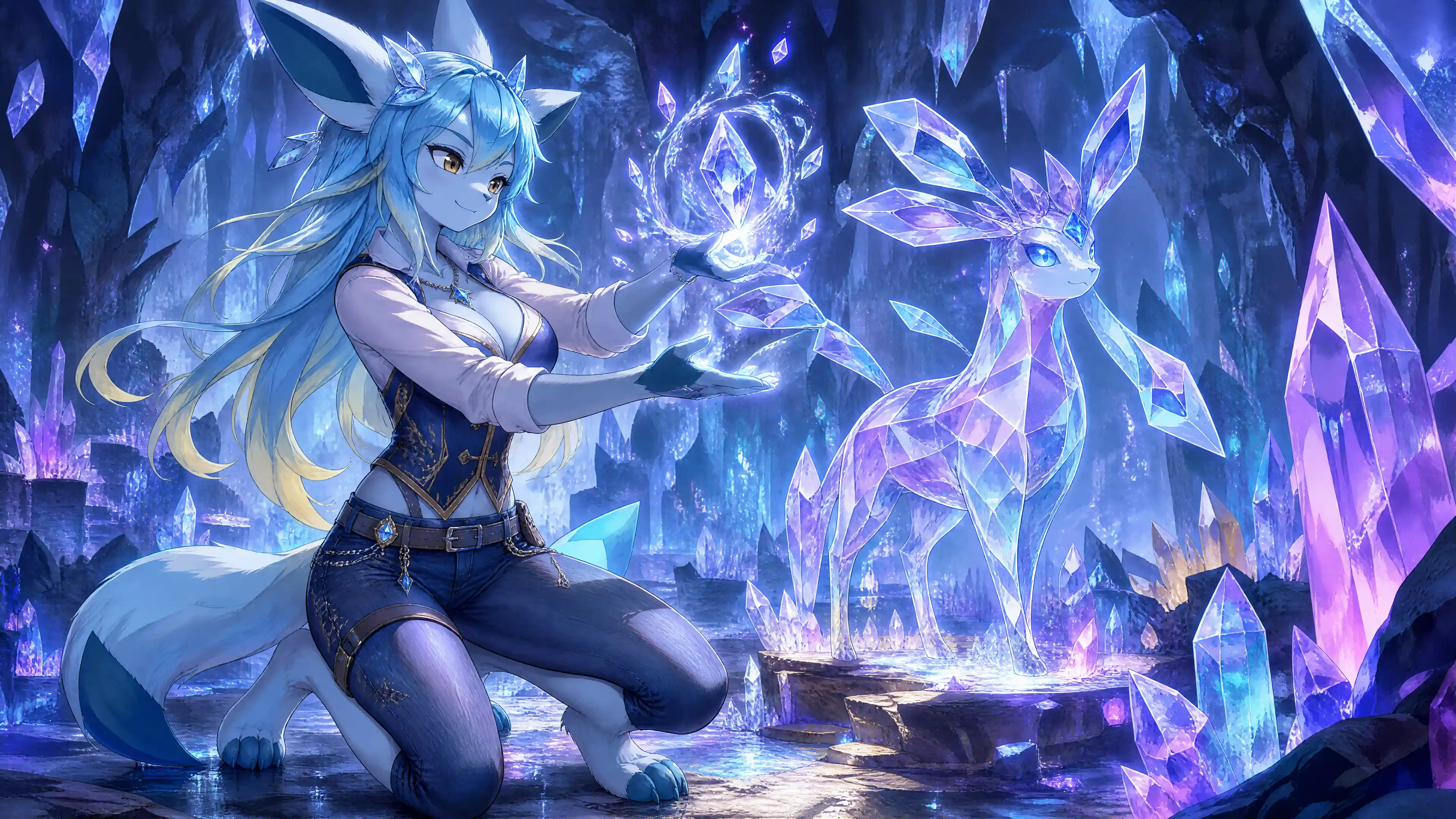 Anthro glaceon woman crafting crystal creature in cavern