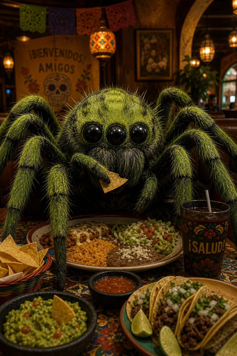 Unheilvolle grüne Spinne isst in einem mexikanischen Restaurant