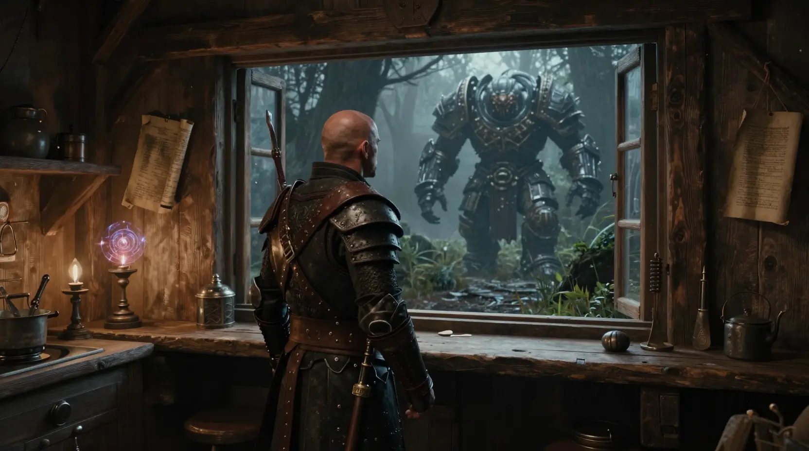 Bald fantasy warrior watching beasts from a wooden room