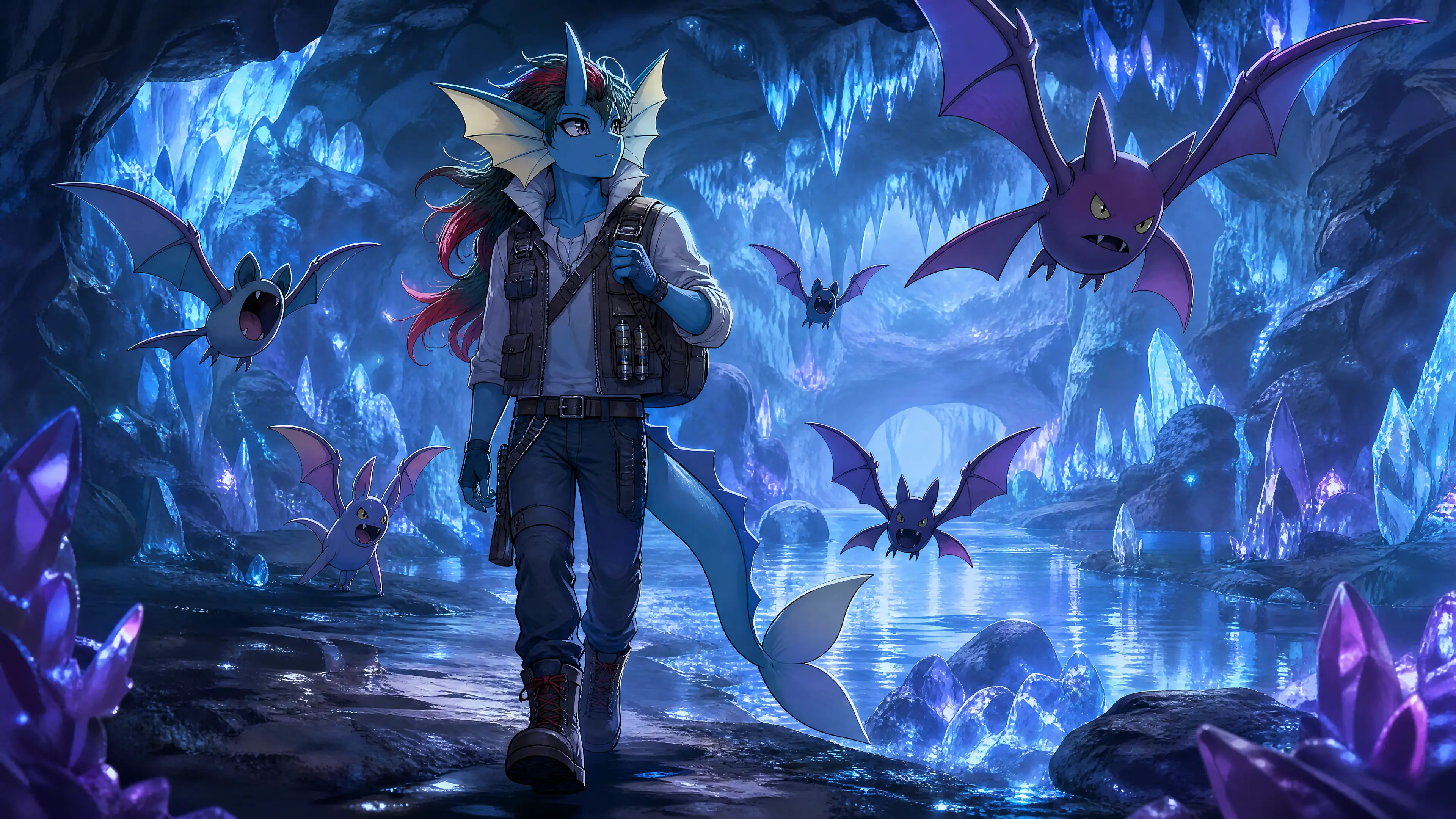 Anthro Vaporeon walking with bats in a crystal cavern