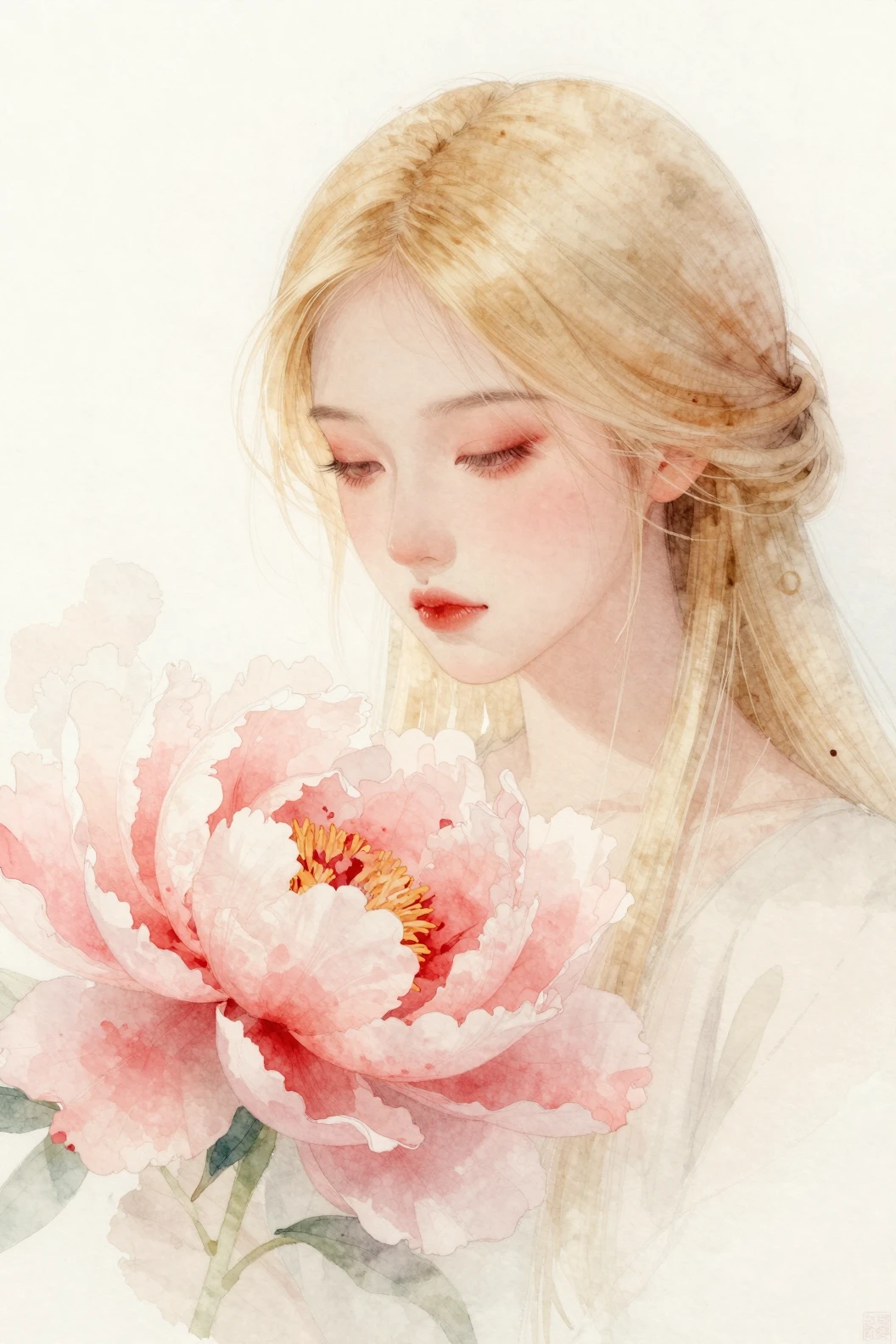 Ethereal blonde dryad portrait fused with delicate peony petals