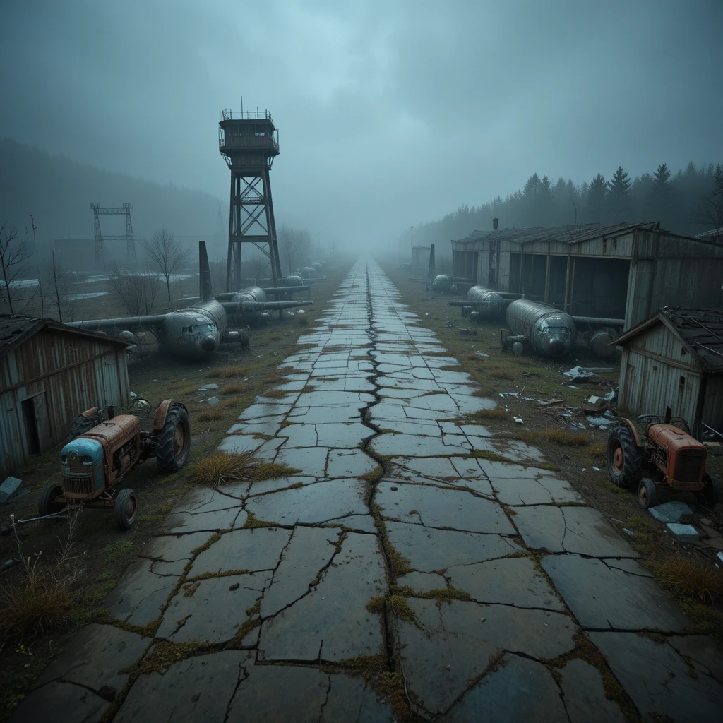 Abandoned military airfield in thick fog and decay