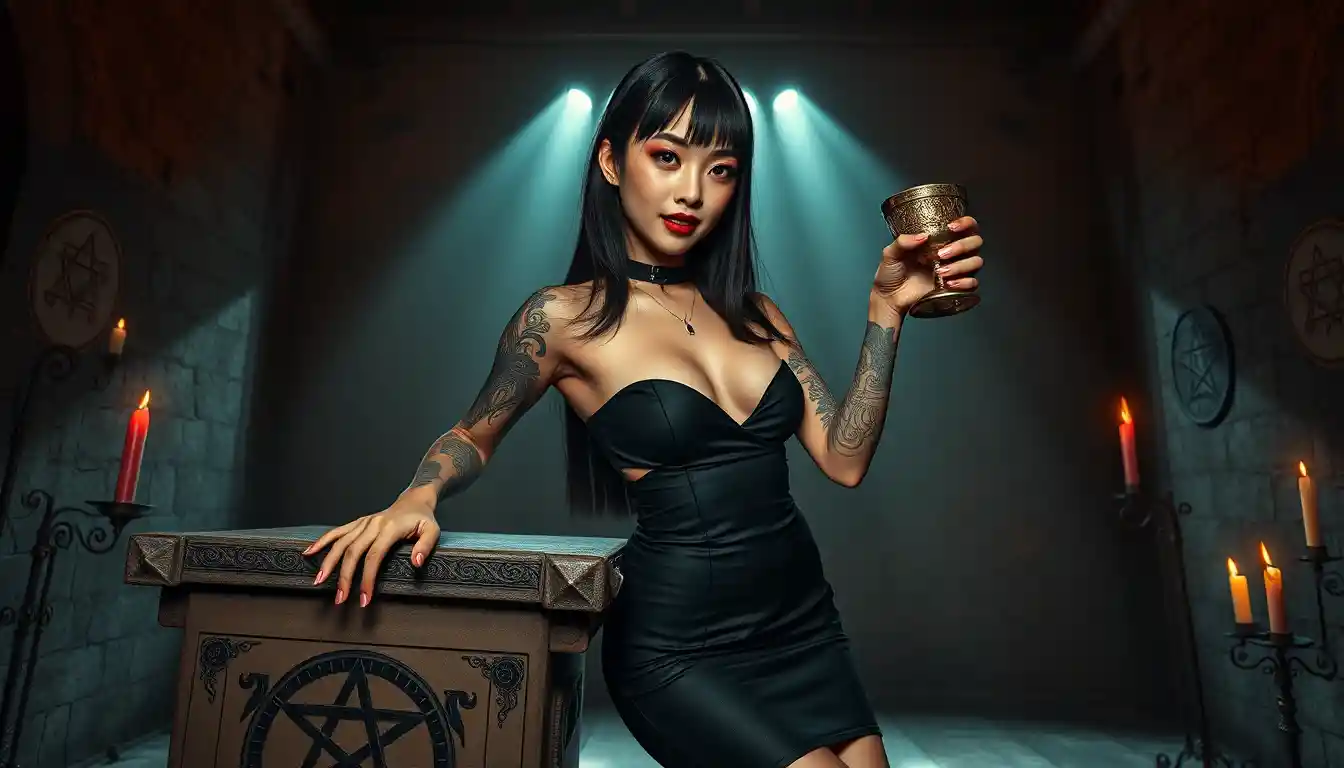 Gothic-Studentin mit Kelch in verlassener Ritualbar