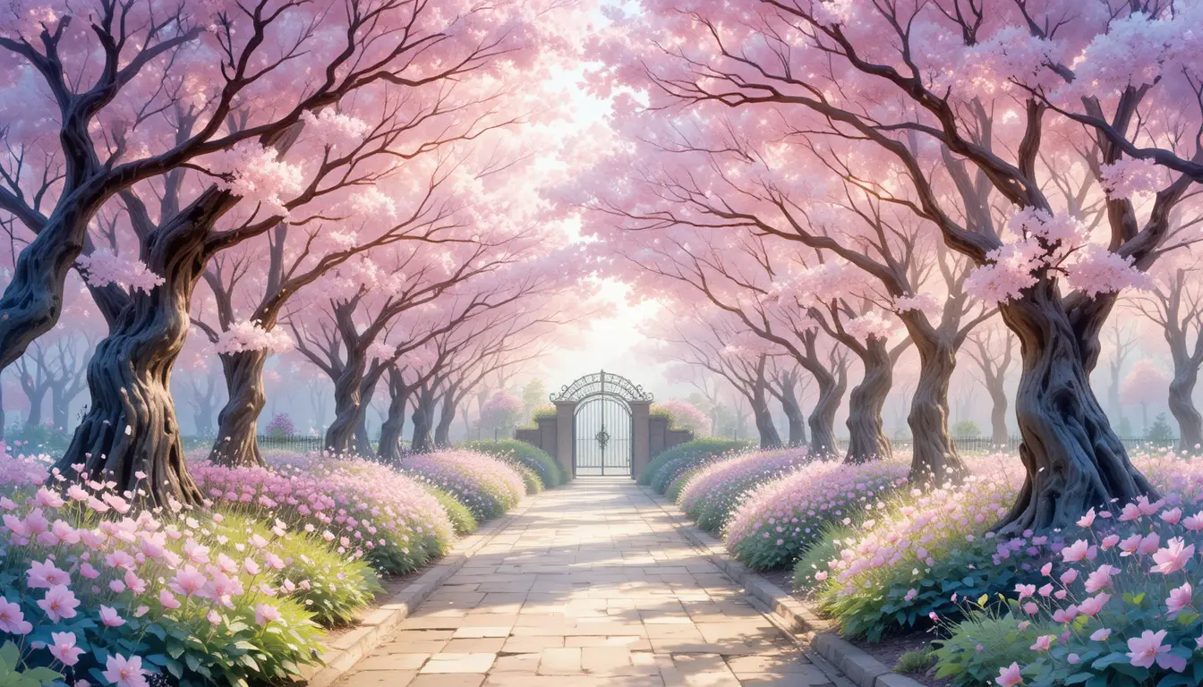 Watercolor cherry blossom tunnel garden at dawn