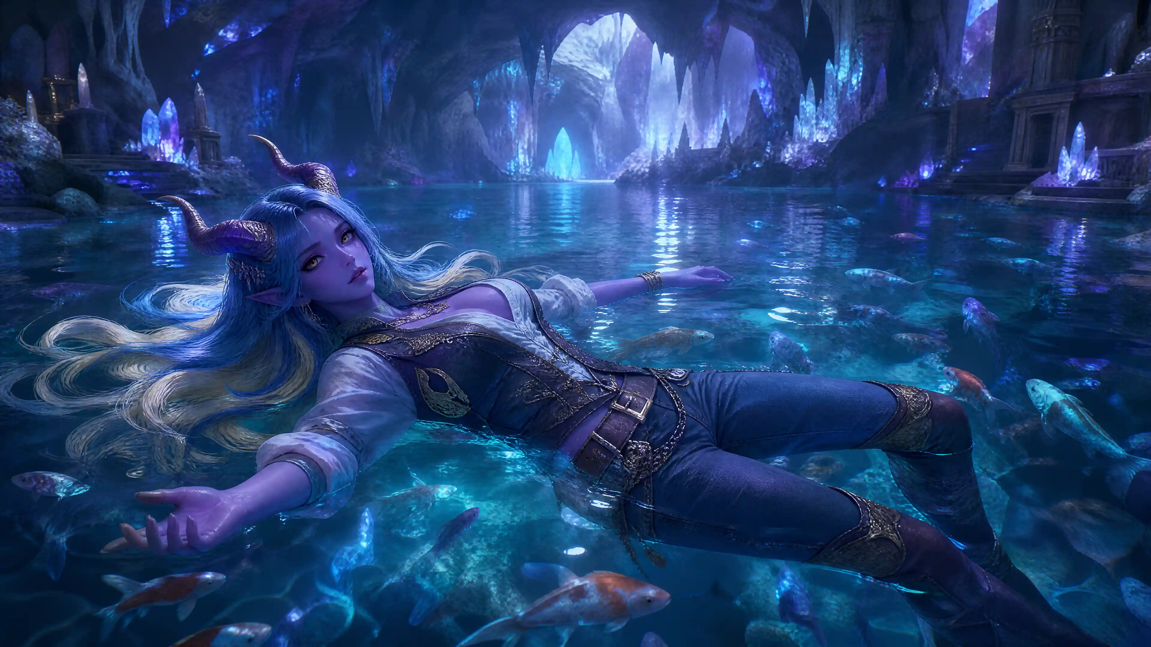 Purple tiefling woman floating among fish in crystal cave