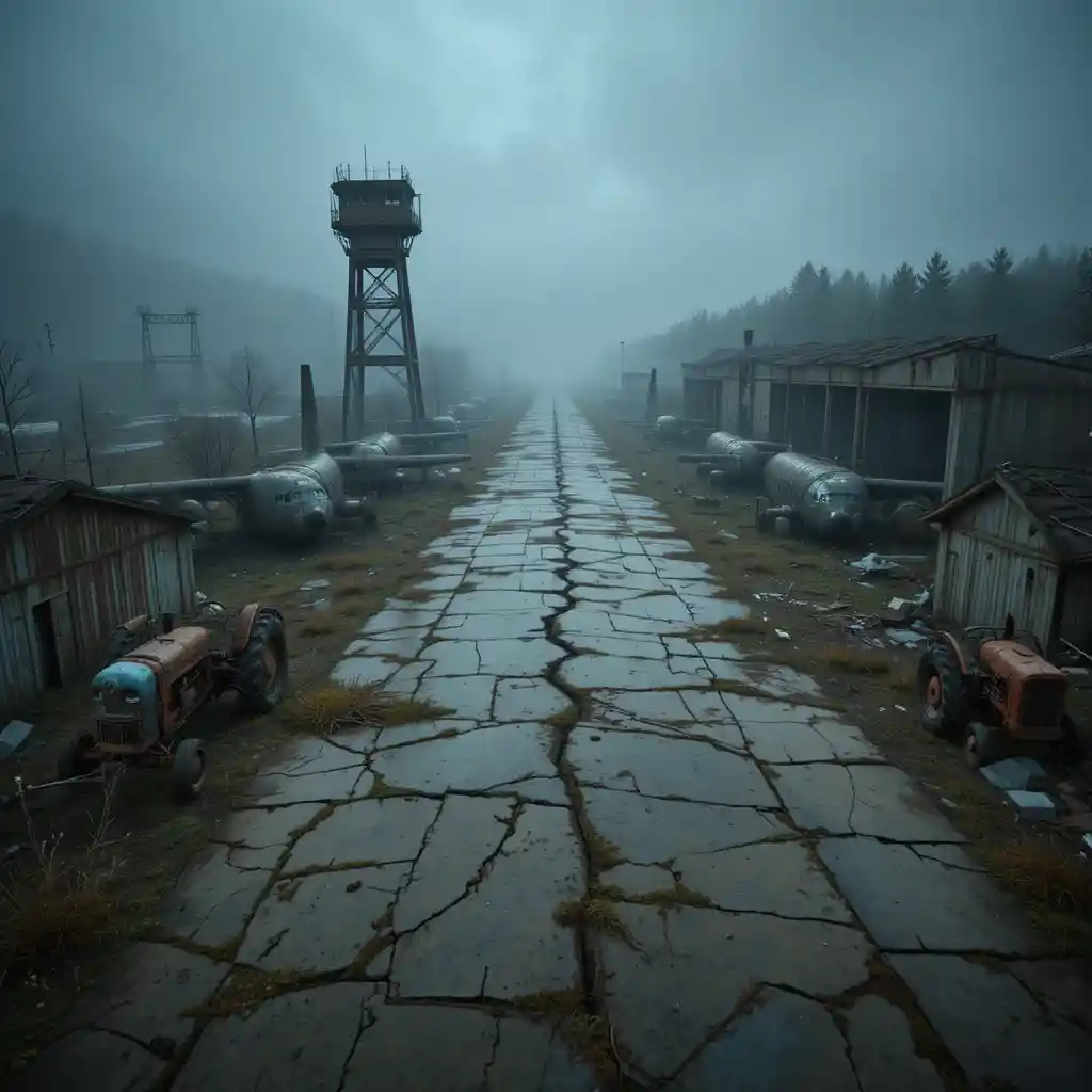 Abandoned military airfield in thick fog and decay