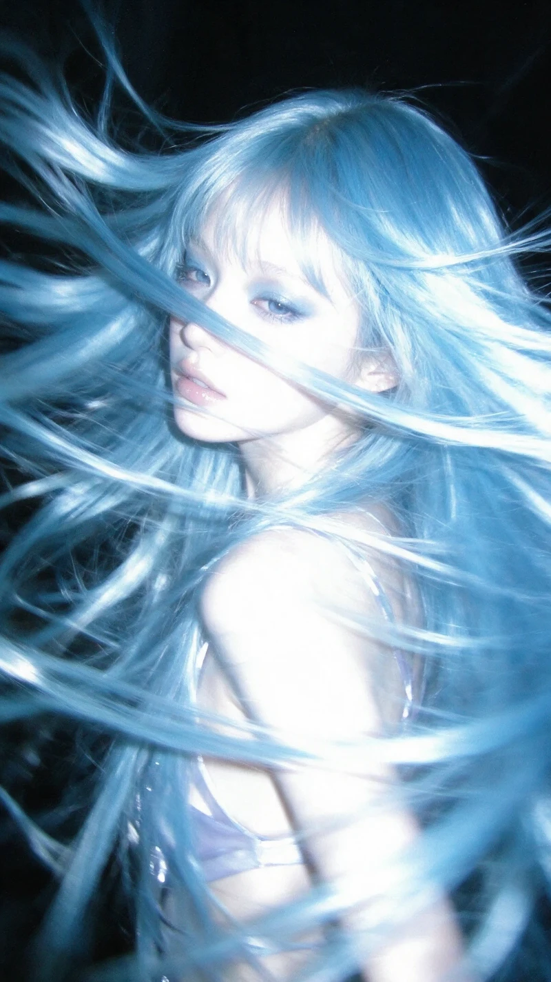 Icy blue haired cyber doll in dynamic flash portrait