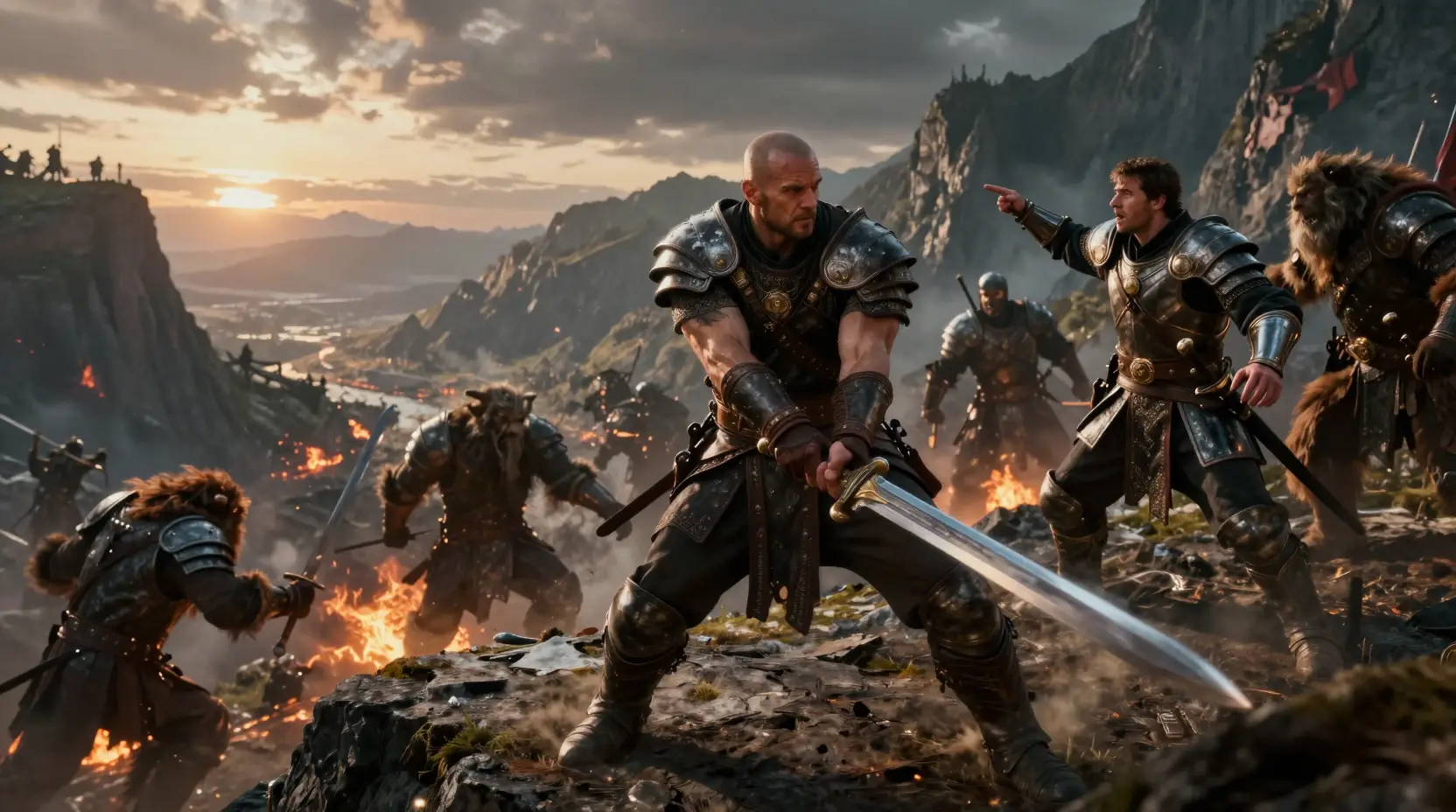 Warrior Defends Mountain Peak Above Burning Valley At Dawn