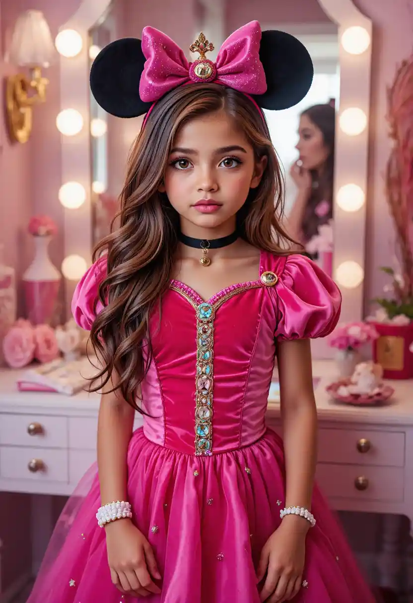 Tween boy in princess costume posing at vanity mirror