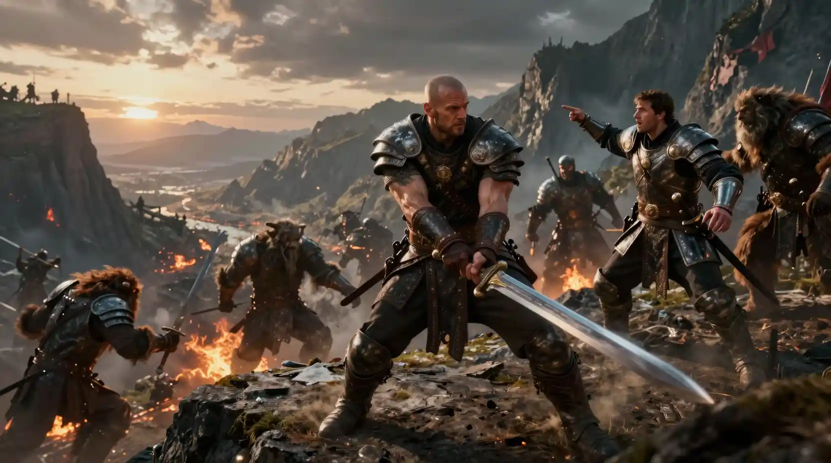 Warrior Defends Mountain Peak Above Burning Valley At Dawn