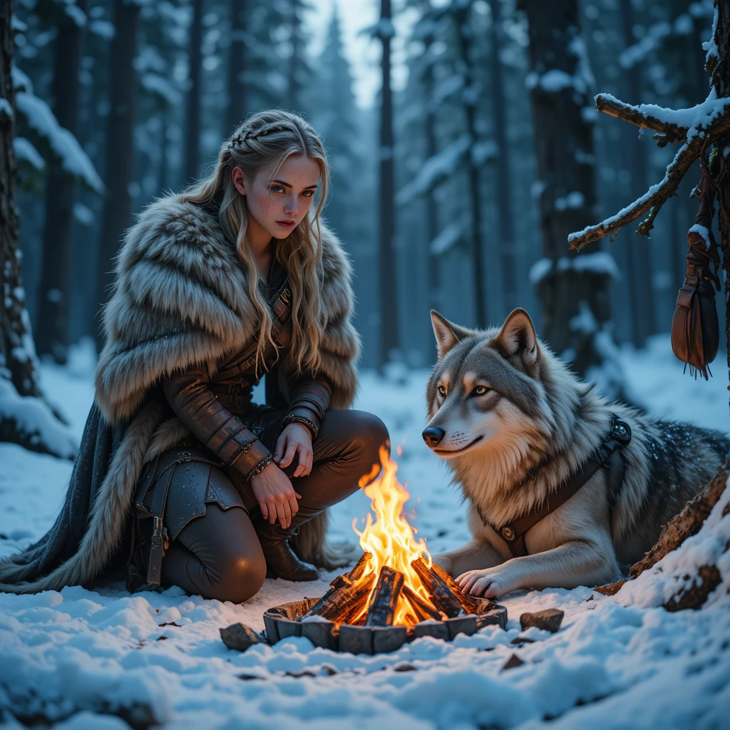 Blonde warrior woman by a campfire in snowy forest