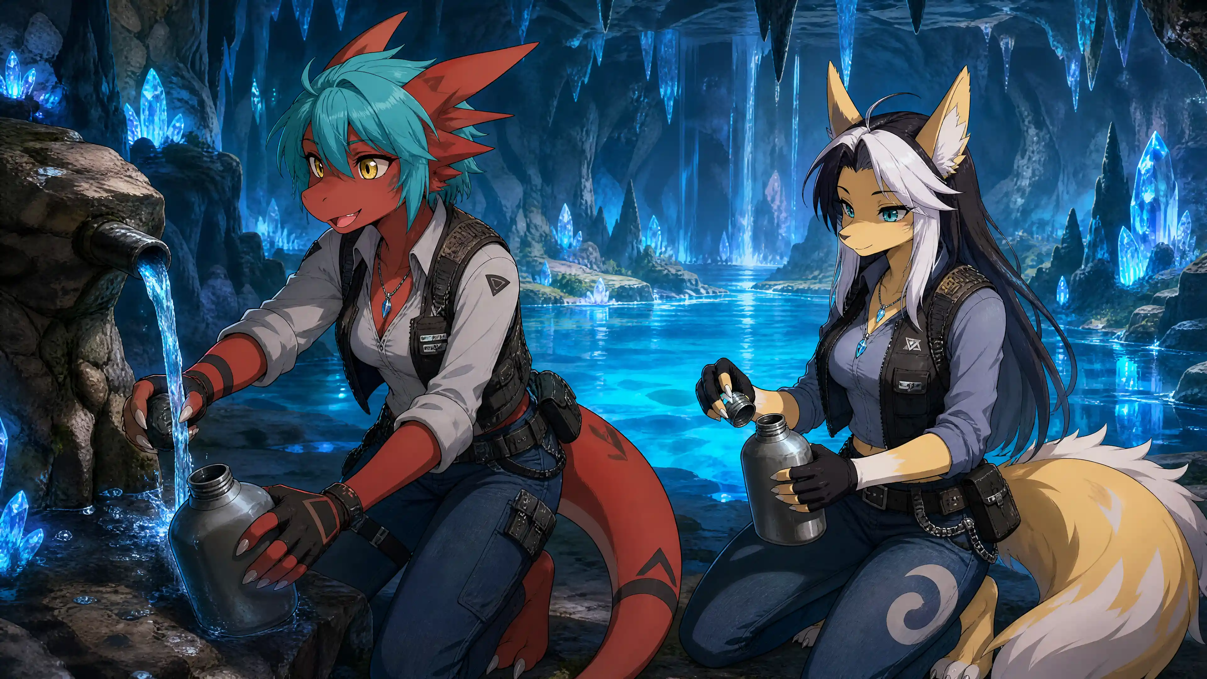 Due partner anthro che riempiono borracce in una grotta di cristallo