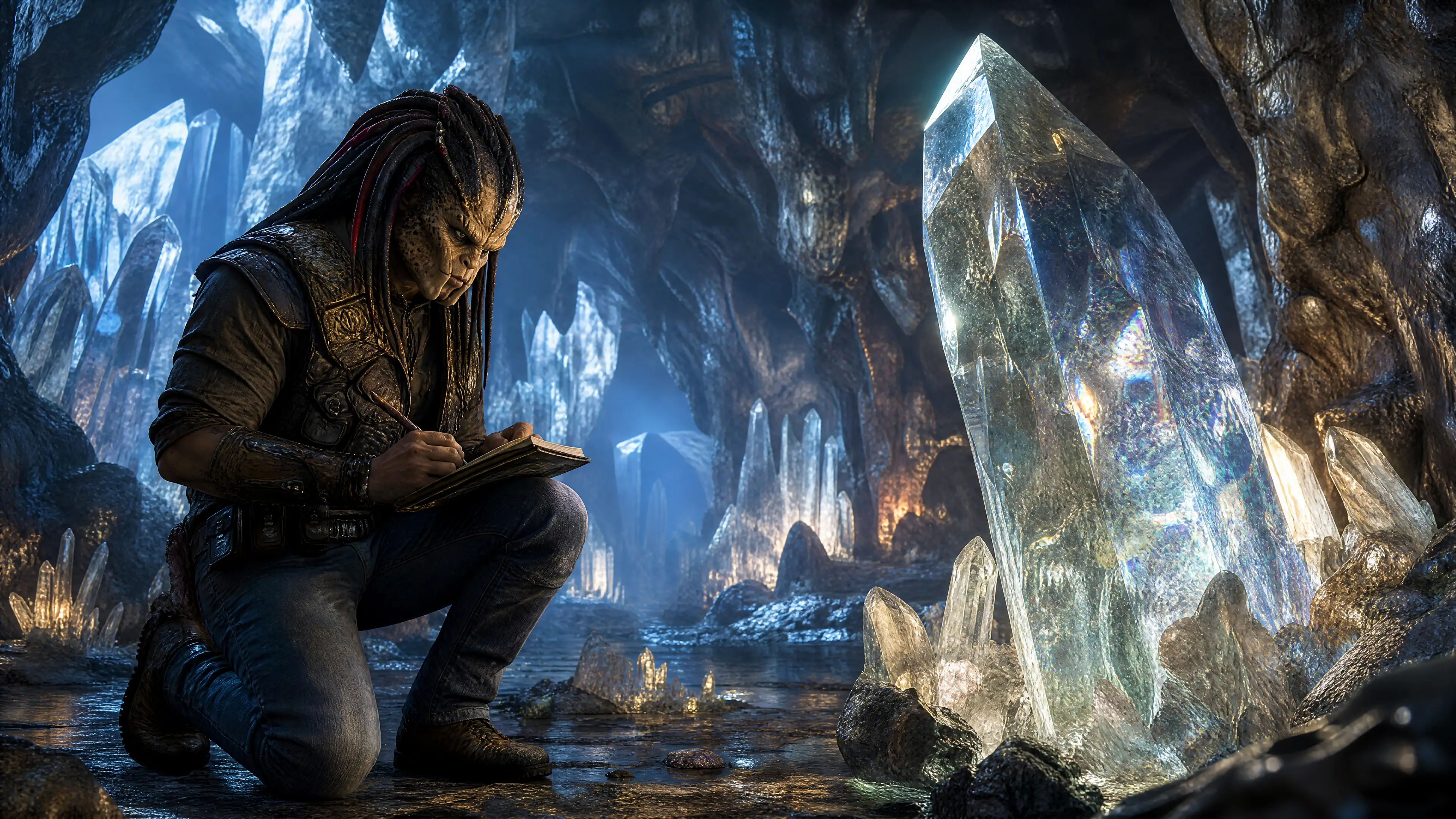 Alien hunter studying a glowing crystal in cavern