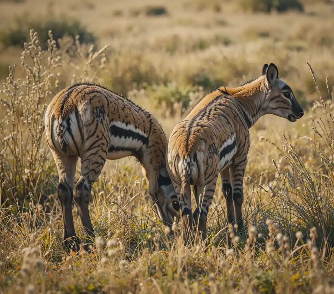Two zebras grazing closely in a dry savanna meadow